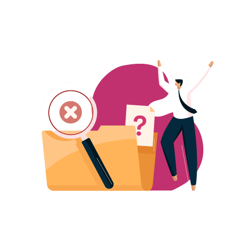 An angry person next to a large folder icon with a magnifying glass showing an 